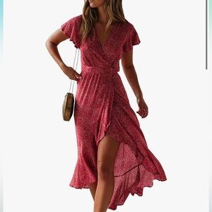 Women’s bohemian red floral wrap maxi dress size L